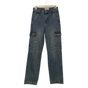 S.O.N.G. High Waisted Wide Leg Cargo Blue Jeans Womens Size 0/24 27/32 High Rise